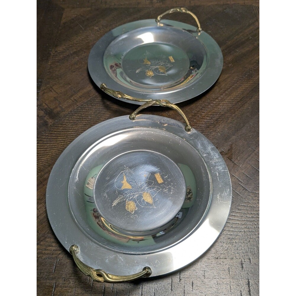 Serving Bowl Charger Dish Shiny Mirrored Floral Design w Gold Tone Handle (2) - Picture 9 of 11